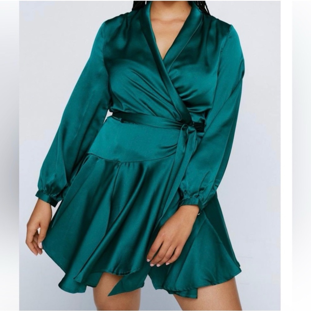 Nasty Gal Teal Satin Wrap Mini Dress
